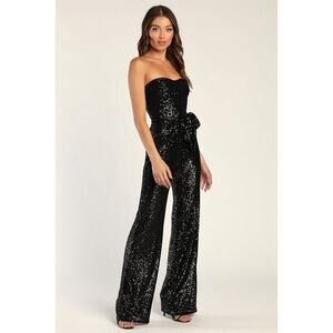Lulus Flirty Moves Black Sequin Strapless Wide-leg Jumpsuit - Size L